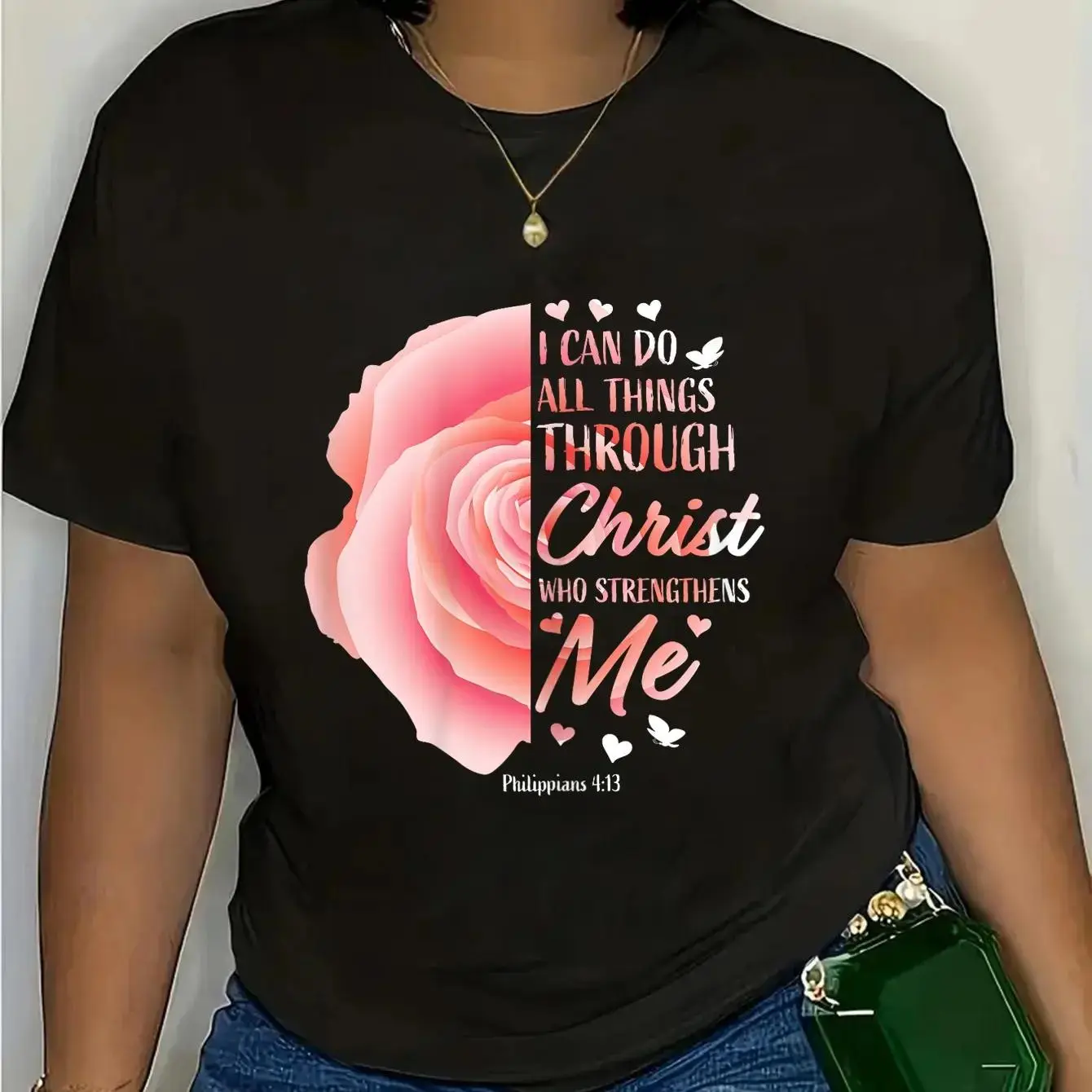 Women's Christian T-Shirt, Oversized Philippians 4:13 Bible Verse Graphic in Breathable 100% Cotton with a Short Sleeve Relaxed Fit