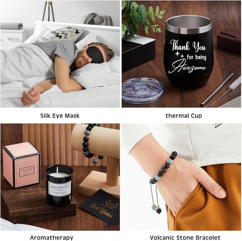 10 Pcs Valentine Gift for Men Dad Gift Set with Leather Tray Tumbler Toiletry Travel Bag Sock Scented Candle Wood Knife, Leather Gift Box From Son Daughter Wife for Father's Day Holiday Anniversary Birthday