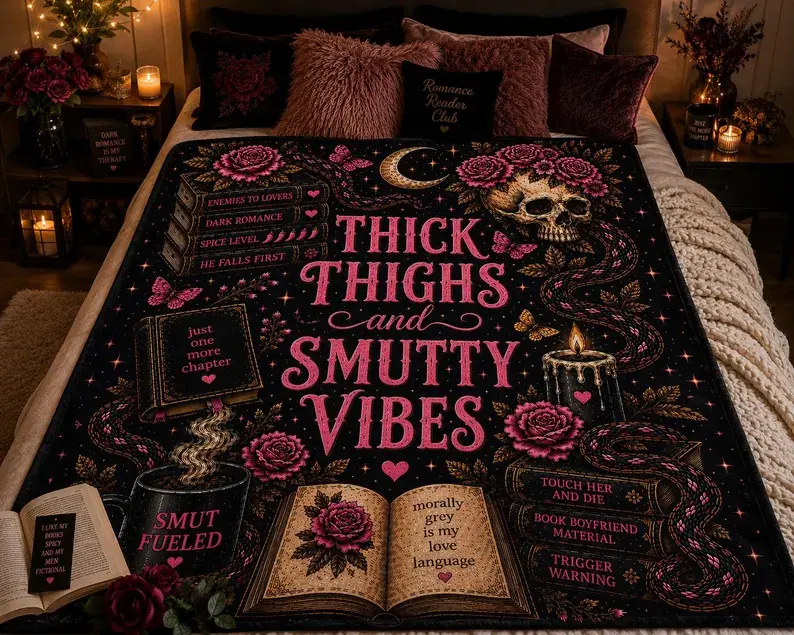Thick Thighs and Smutty Vibes Sherpa Blanket, Book Lover Gift, Dark Romance Reading Blanket Badass Alternative Fashion Fans Bold edgy design for goth Harajuku, Gift Blanket  Decor Christmas and Halloween and Birthday