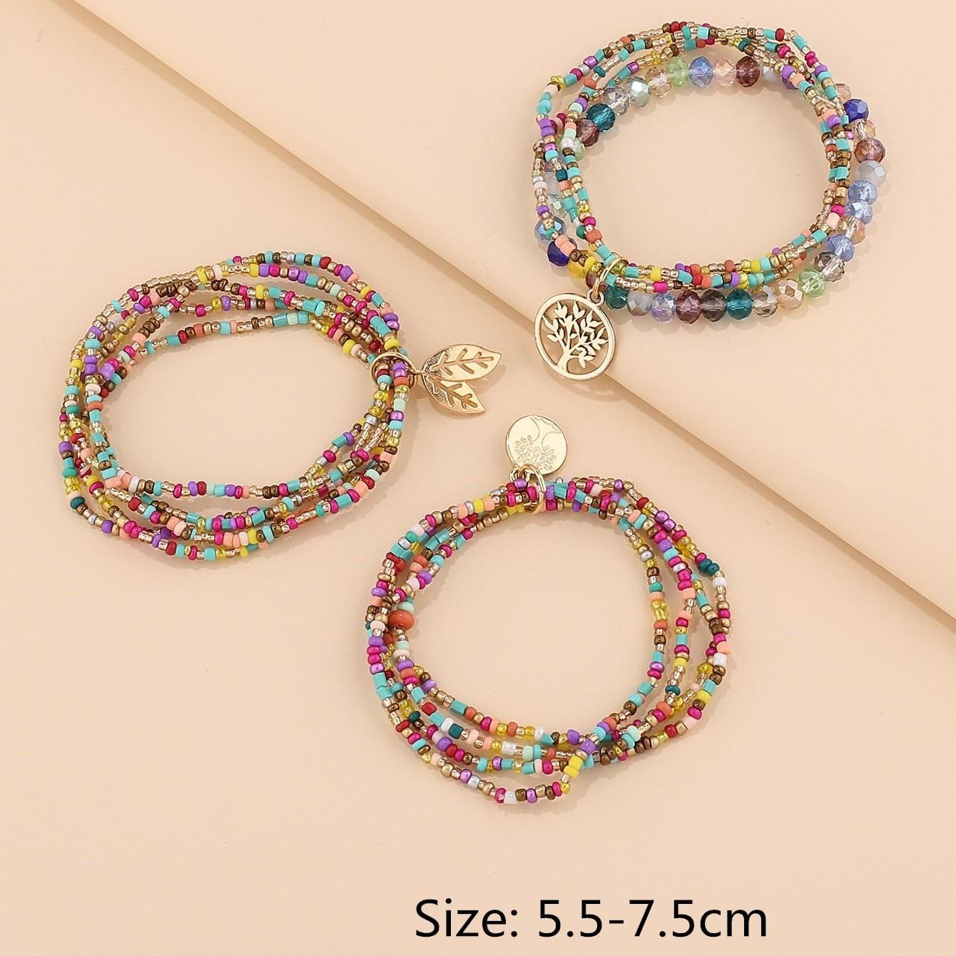 3pcs/set Bohemian Beaded Bracelet for Women, Handmade Elastic Stretch Bracelets with Tree Leaf Pendant, Colorful Rice Beads & Crystal Flat Beads for Summer Beach