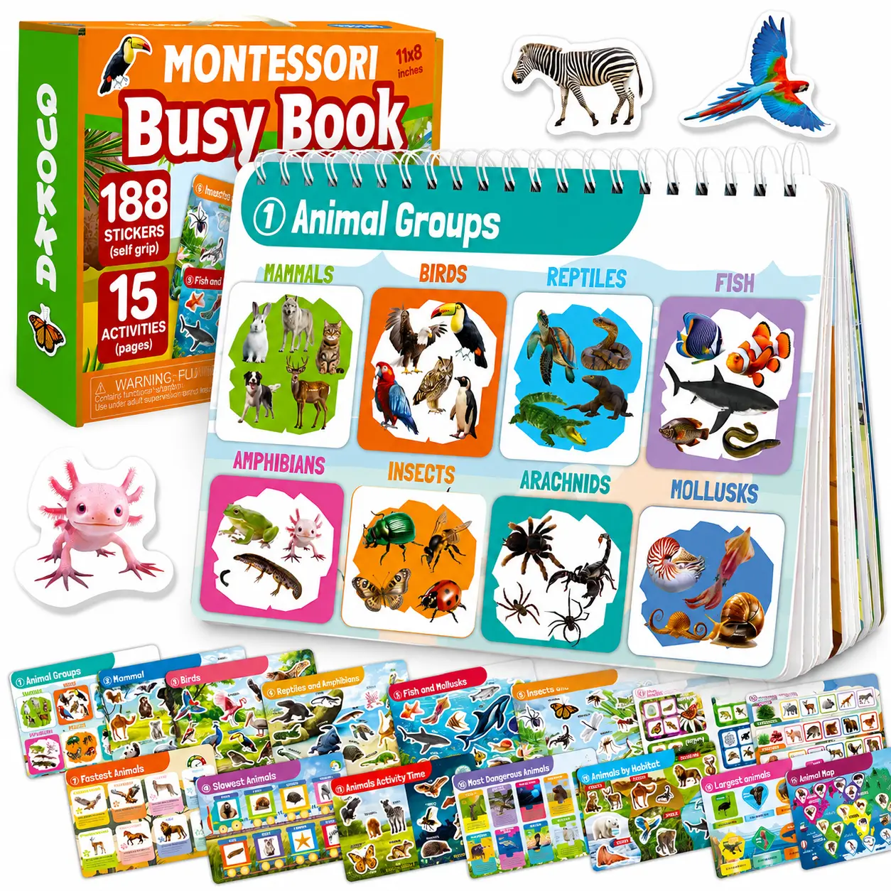 QUOKKA Vocabulary Flash Cards & Busy Book - Word Cards, Interactive Toy, Preschool Learning Puzzle, 15-Page Quiet-Time Activity, 188 Self-Grip Animal Stickers, Fine Motor Practice Set for Ages 3-5, Toddler Travel Toy