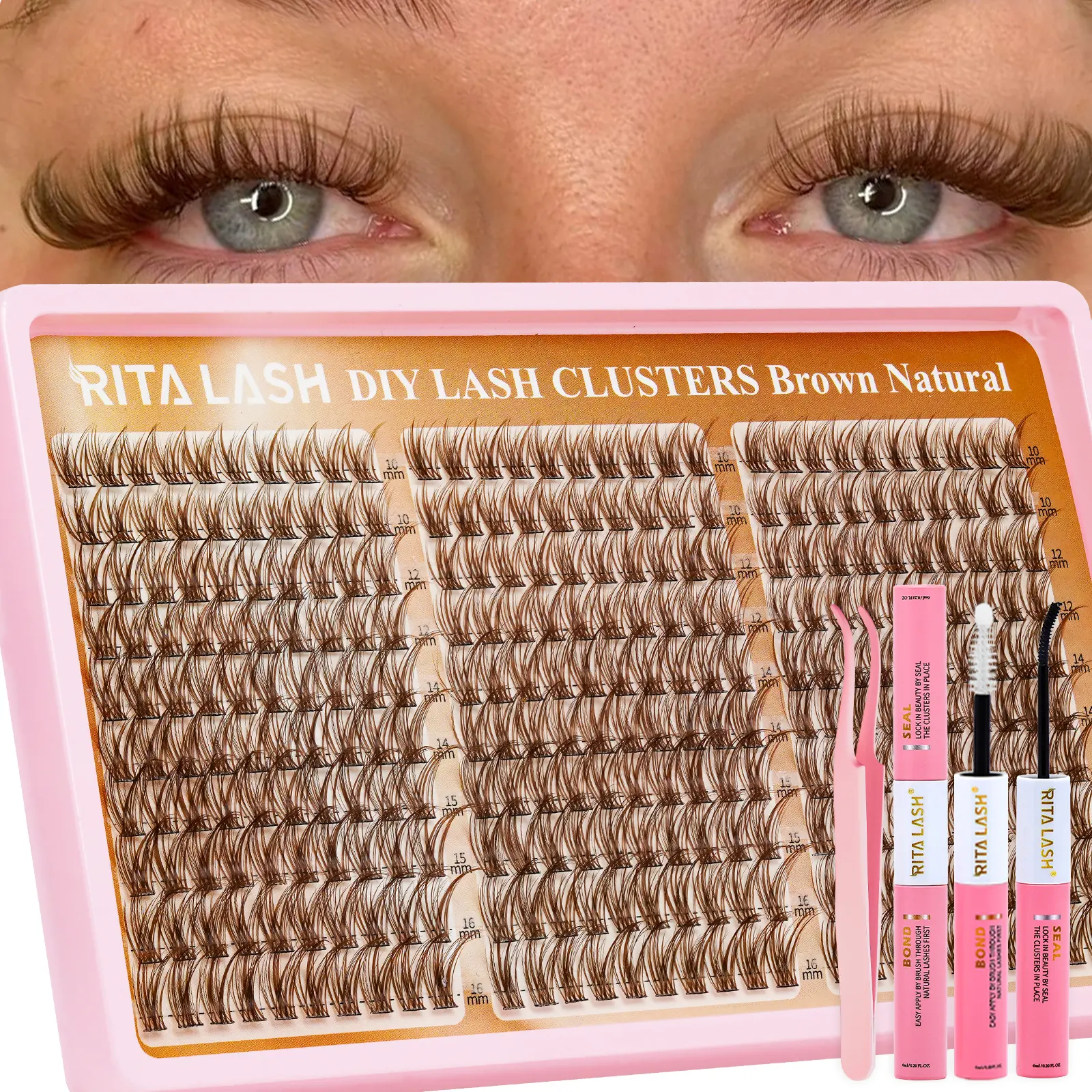 RITALASH 300 pcs Brown Lash Clusters Kit – Natural wispy lash clusters, eyelash cluster extensions kit, individual lash extensions kit for DIY, waterproof and long-lasting (Light Brown, 10–16 mm)