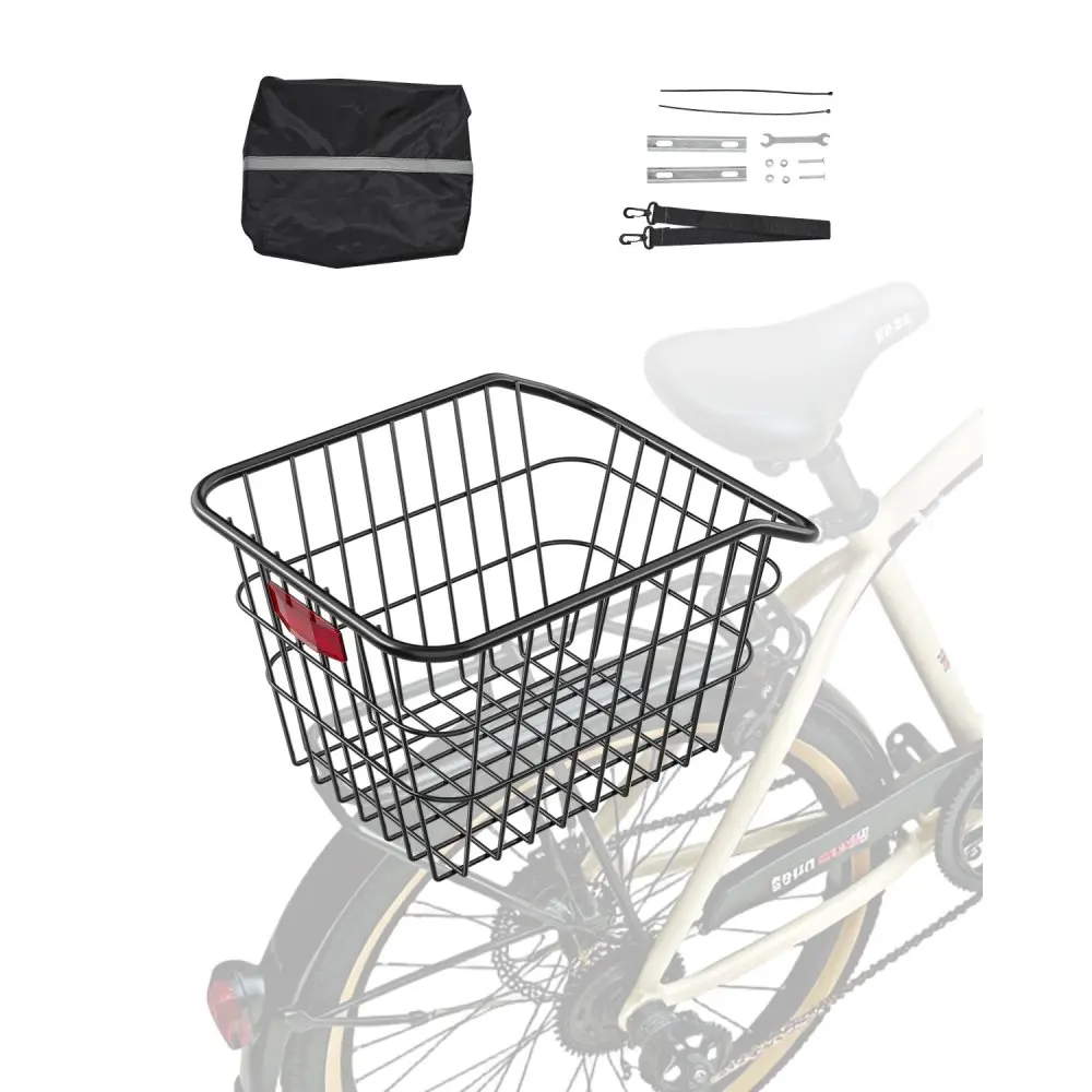 Metal Wire Rear Bike Basket with Reflective Tail Light Cover, Rectangle Shape, 14.8 x 11.4 x 9.8 in Size, 2.1 Lbs / 0.94 Kg Load Capacity for Bikes