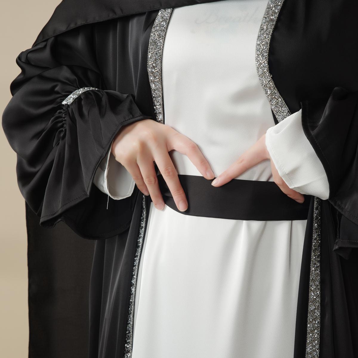 Poet Sleeve Satin Abaya Set | 4-Piece Satin Design | Shimmering Gem Details | Includes Open Abaya, Fitted Inner Dress, Hijab, Belt | Side Pockets & Round Neckline | Full-Length Elegance | Perfect for Weddings & Formal Events | elegant maxi winter jilbabs