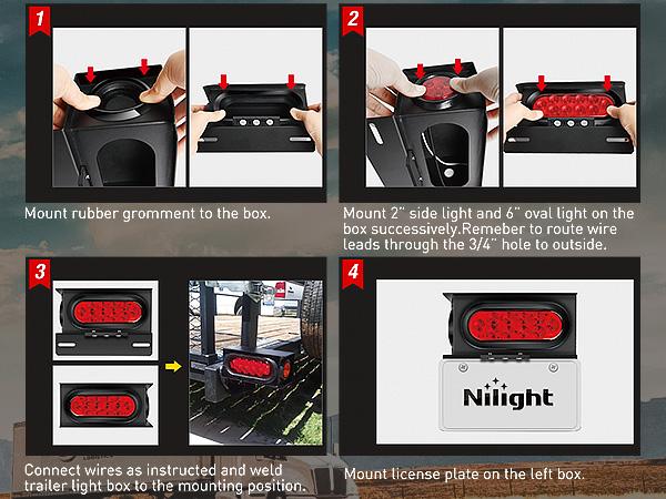 Nilight 2PCS Steel Trailer Light Boxes Housing Kit w/6Inch Oval Red LED Tail Lights 2 Inch Round Side Marker w/Grommet Plugs Wire connectors