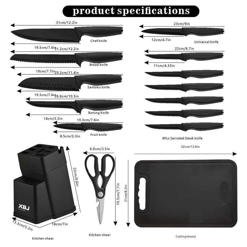 15-Piece Kitchen Knife Set – With Solid Wood & Plastic Knife Block, Including Chef's Knife, Japanese-Style Knife, Meat/Vegetable Knife, Chicken Bone Knife and German-Style Steak Knife. it's practical for home use and also ideal as a gift. Wooden Stylish