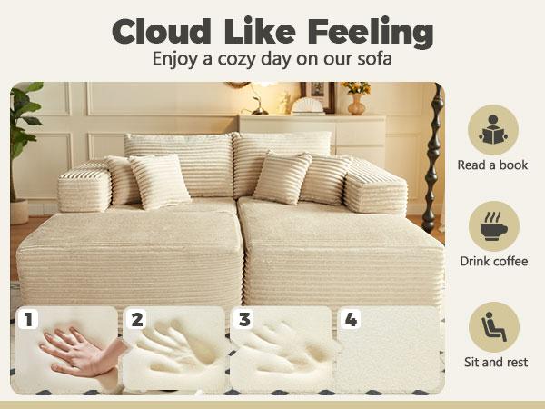 【2 Packages Shipping】Ovios 81" Oversized Sectional Double Lounge Chaise with Cloud Plush Sofa Bed, Fluffy Modern Boneless Couch Sleeper Loveseat Chair for Indoor Living Room Bedroom Reading Movie - No Assembly Required