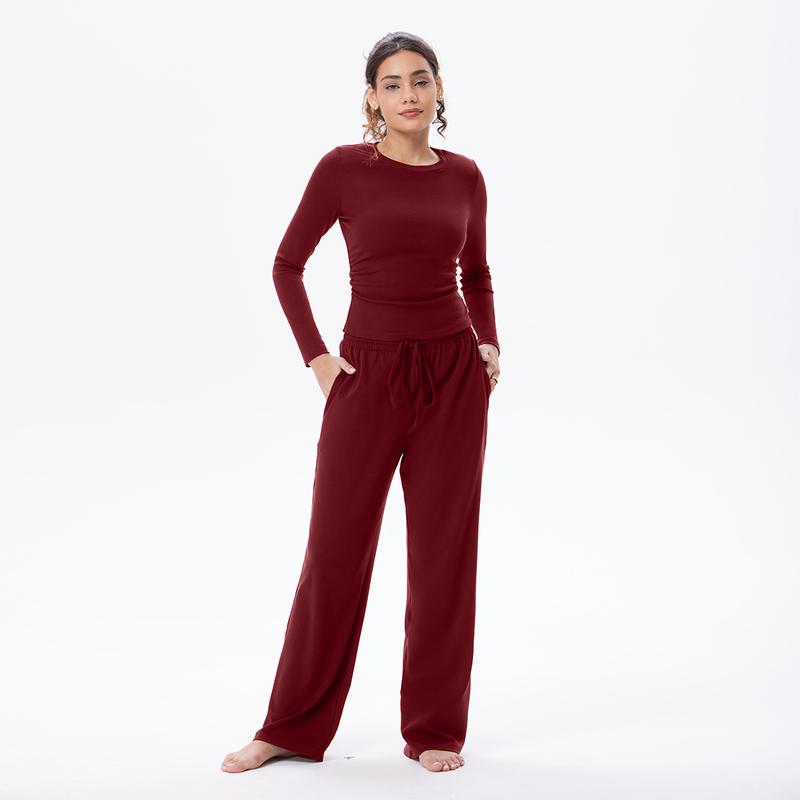 OQQ Women's Two Piece Sets For Women Fall Outfits Lounge Sets Round Neck Long Sleeve Tops Straight Pants Vacation Travel Outfits