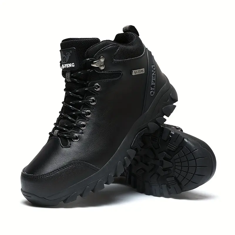 Men'S Lace Up High Top Durable Hiking Boots, Warm Plush Lining Comfy Anti-skid PU Shoes For Hiking Hunting Camping Trekking