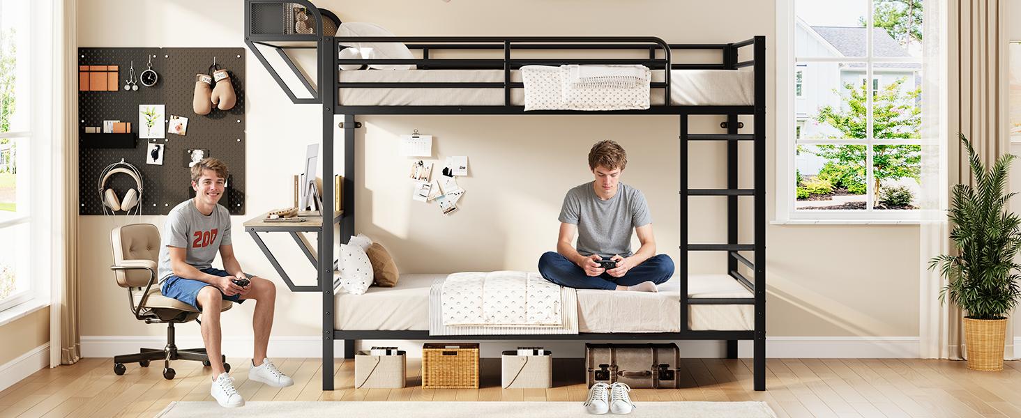 【SPOTLIGHT DAY】ONBRILL Bunk Bed Twin Over Twin, Bunk Beds with Power Desk & Outlet, Metal Bunkbeds Frame with Safety Guardrail & Ladders, Upper Bed with Storage Rack, Heavy-Duty
