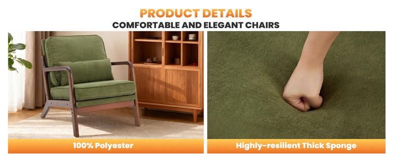 Mid Century Modern Chair, Accent Chair with Arms and Waist Cushion, Reading Chairs for Adults, Lounge Chair for Living Room and Bedroom, Solid Wooden Frame