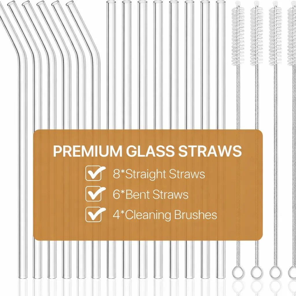 18-Pack Glass Straws, Reusable Clear Glass Drinking Straws Set, 8.5 Inch x 10mm - Includes 8 Straight and 6 Bent with 4 Straw Cleaner Brush, Perfect for Smoothies, Milkshakes, Juice, Tea