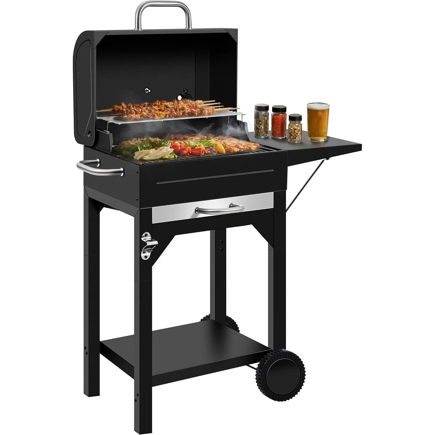 Charcoal Smoker Grill Combo with Offset Firebox – Heavy Duty BBQ Grill with Side Shelf & Warming Rack, Portable for Outdoor Cooking, Backyard, Camping, Tailgating