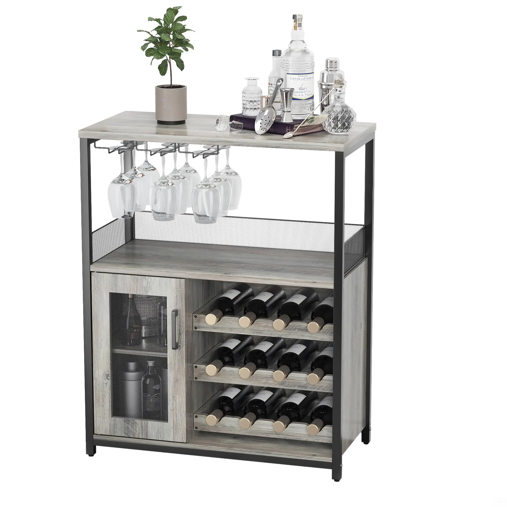 Grey Compartment Wine Bar Cabinet - Durable Moisture Resistant MDF Construction, 36.2" High 13.8" Deep 27.2" Wide, Large-Capacity Wine+Glass Storage, Adjustable Shelves, Easy Setup, Assembly Required, for Dining Room Decor