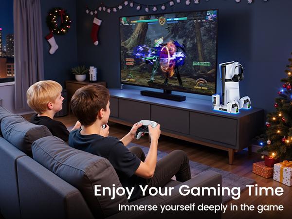 ESYWEN PS5 Cooling Fan Dock & Charging Station with Turbo Fan, 6 Game Card Slots, Dual Controller Charger, RGB Lights, Remote Holder, Compatible with PS5 2020/2023 Slim/2024 Pro Models (Disc & Digital)