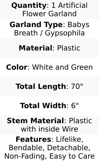 White Artificial Silk Gypsophila Table Flower Garland, Faux Baby Breath Hanging Flower Vines 6ft