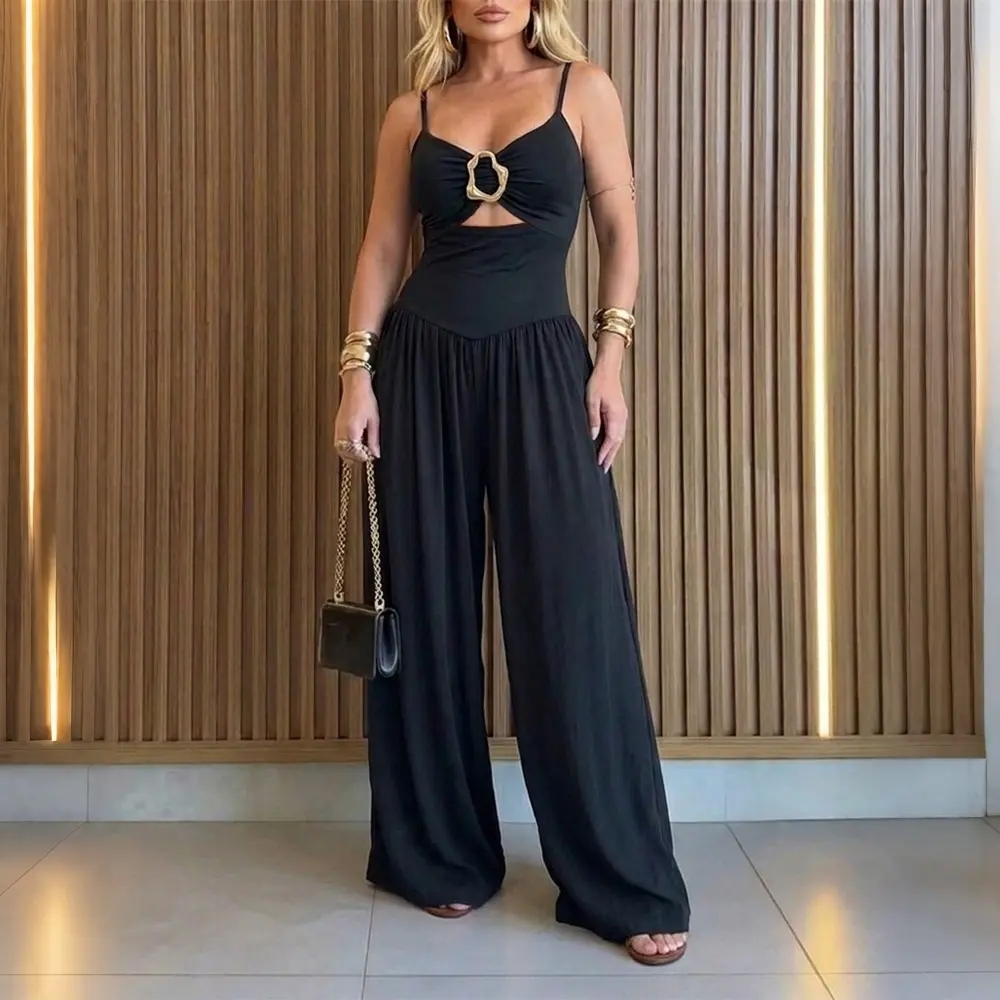 CHICME Women's Gold Ring Hollow Out Adjustable Strap Jumpsuit Backless Wide Leg Romper Elegant Party Jumpsuit With Pocket