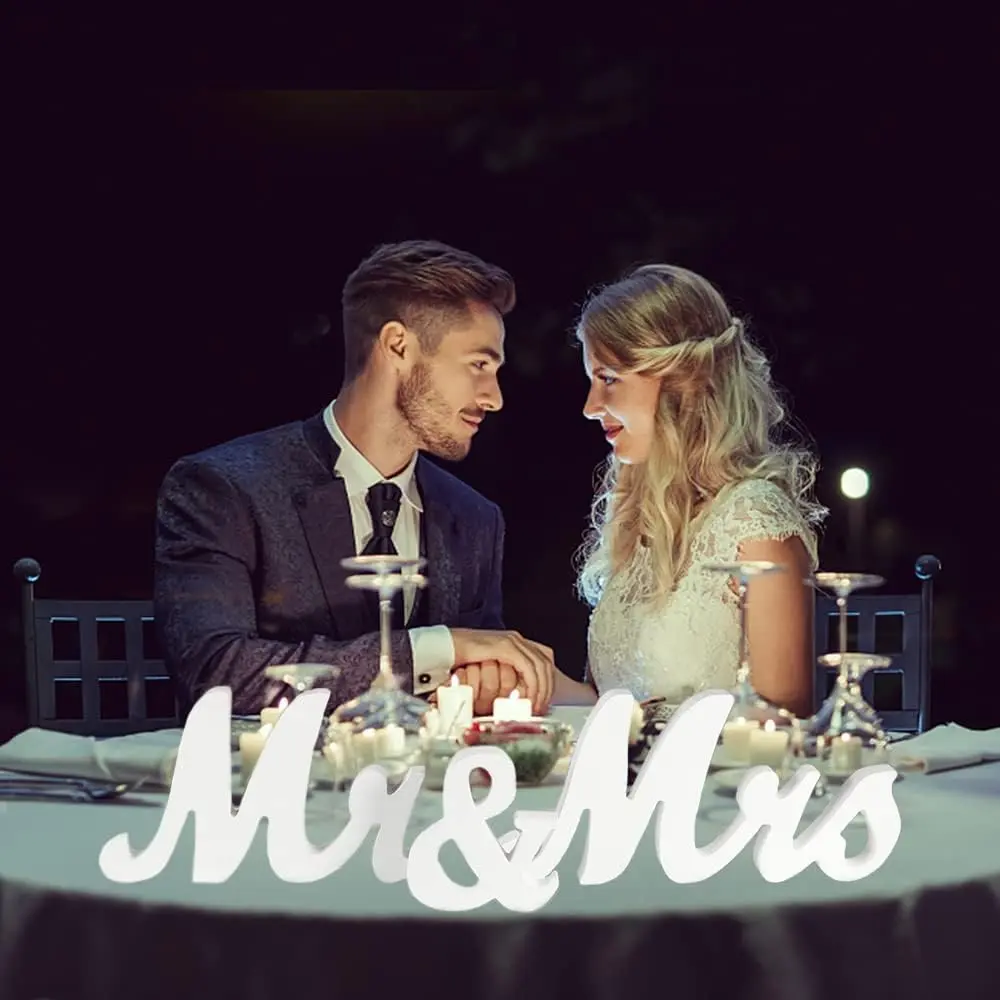 Large Mr & Mrs Wedding Sign, Freestanding White Wooden Letter for Centerpiece Table Decor, Anniversary Celebration