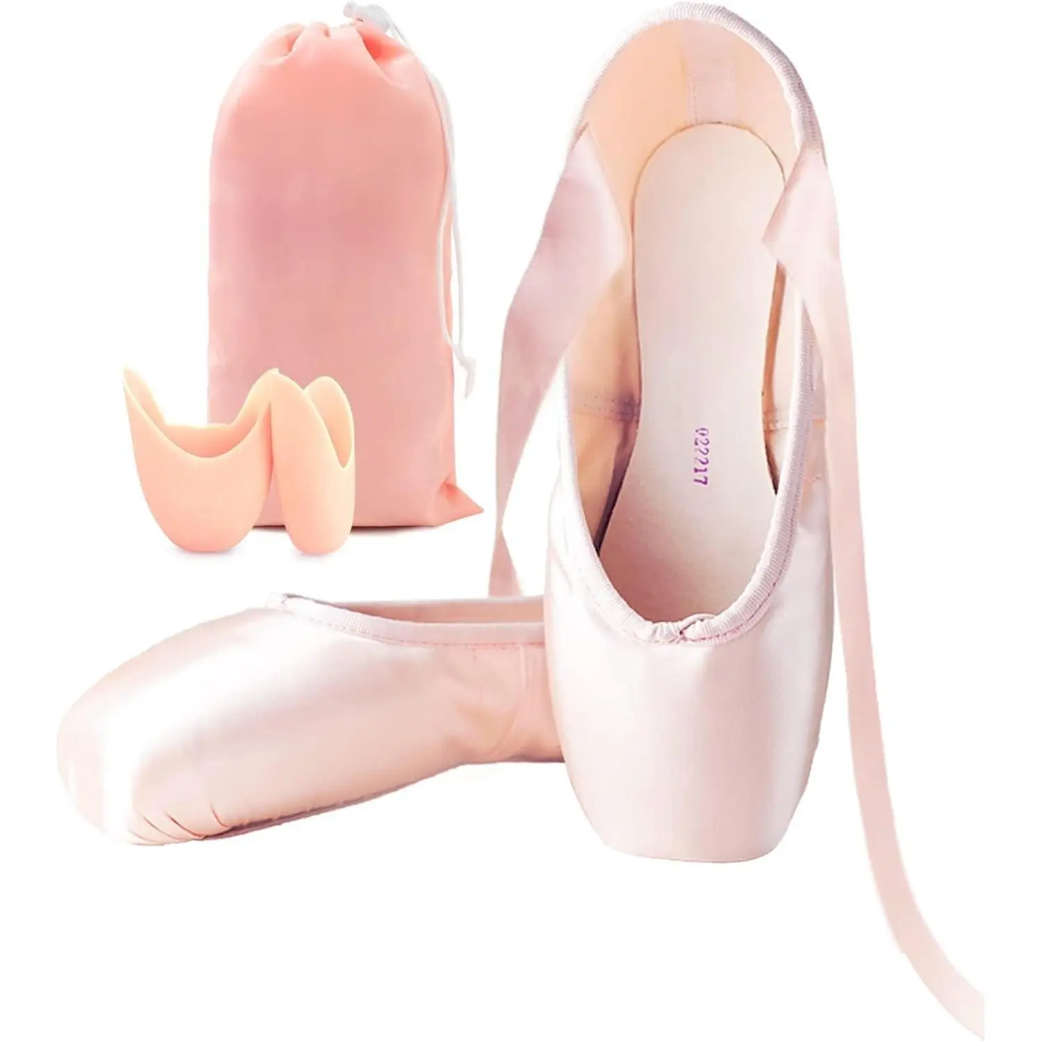 Girls' Leather-Rubber Ballet Pointe Shoes - KF5-SK46 True Fit Dancing Shoes with Sewed Ribbon Tie, Silicone Pads, Satin Shine, US 6 Size