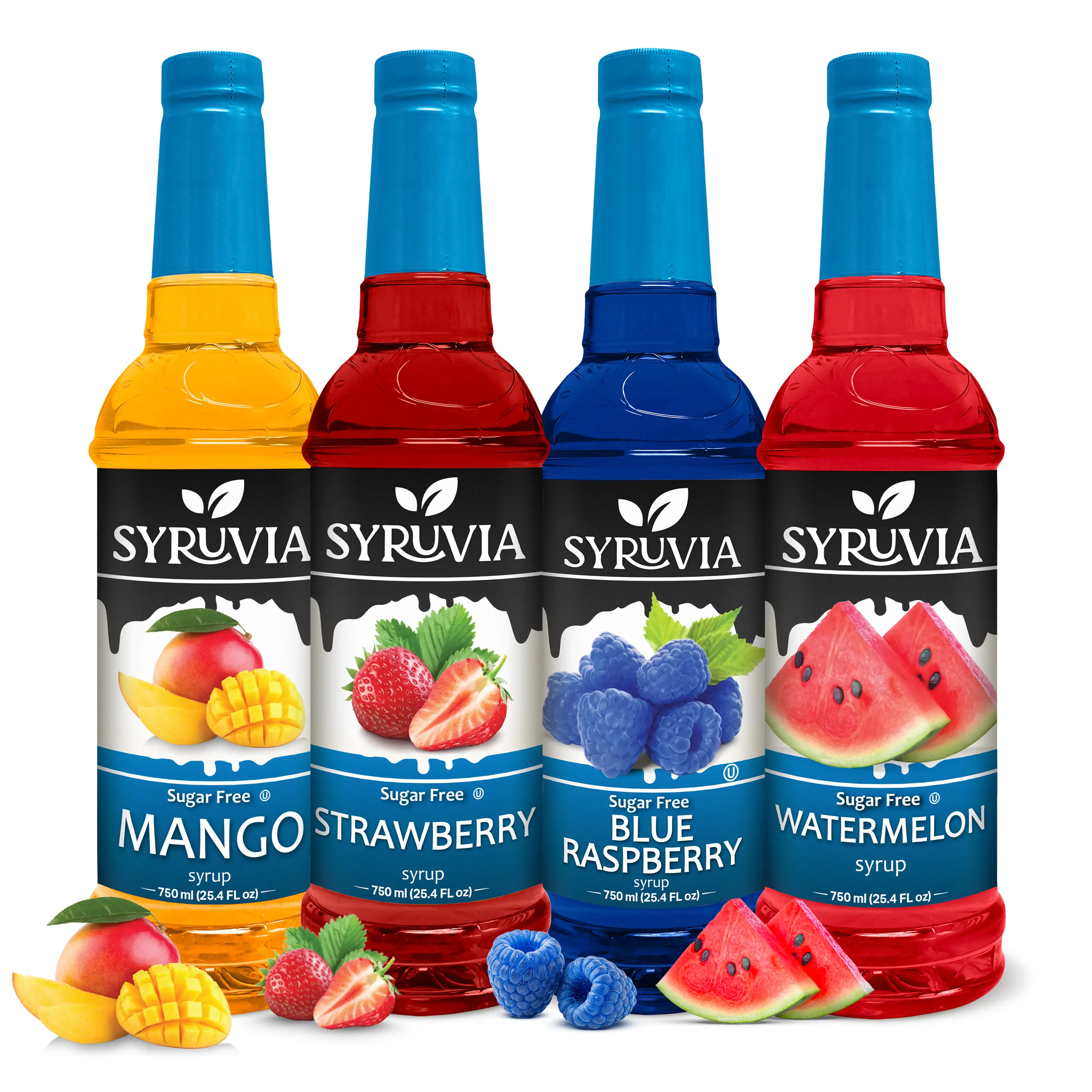 Syruvia Sugar Free Syrup, Fruit Flavors Variety Pack – Mango, Strawberry, Blue Raspberry & Watermelon – Gluten-Free, Kosher, 25.4 fl oz Bottles – Perfect for Coffee, Drinks & Mocktails (Pack of 4), Fruity, Low Calorie, Zero Sugar Syrups & Concentrates, Sy