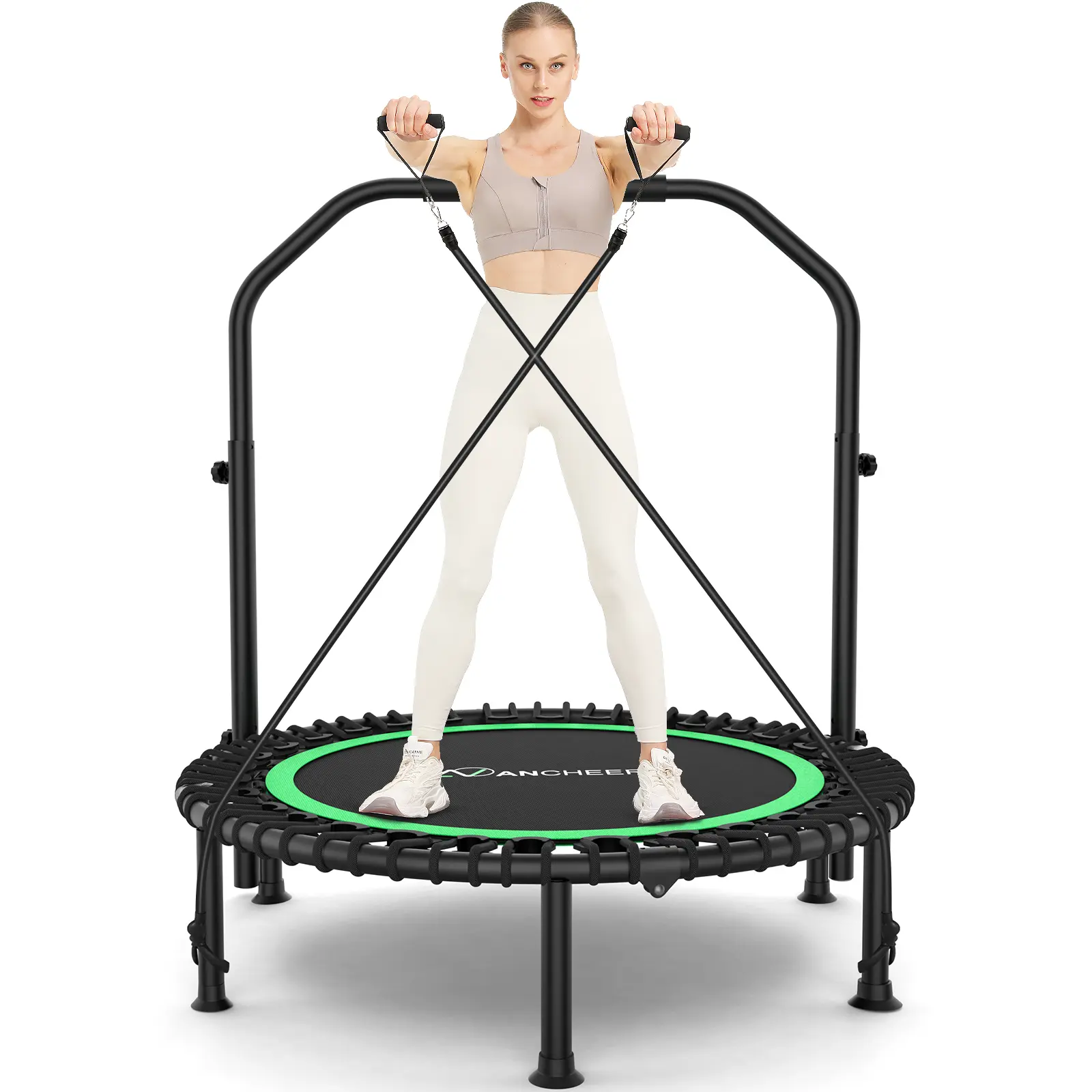 ANCHEER Foldable Mini Rebounder Trampoline with Adjustable Handle, 40"/48" Fitness Trampoline for Adults, 450/550LBS Capacity, Quiet Bungee Design, Resistance Bands, Indoor & Outdoor Use