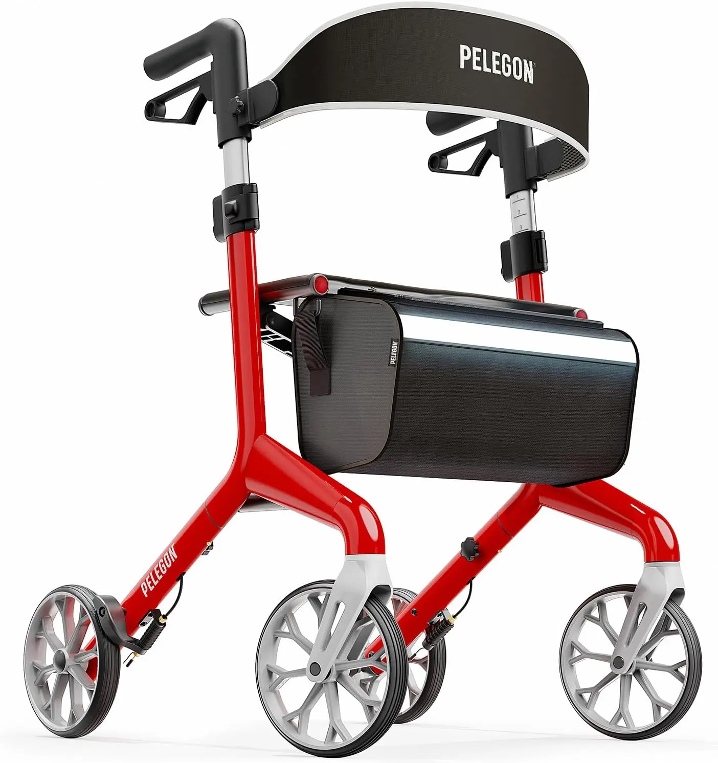 Pelegon Rollator Walker with Seat for Seniors - Lightweight Foldable Medical Walker, Padded Seat & Backrest, Adjustable Handles, Reflective Frame, Carry Bag, 300lb Heavy-Duty Support - Red