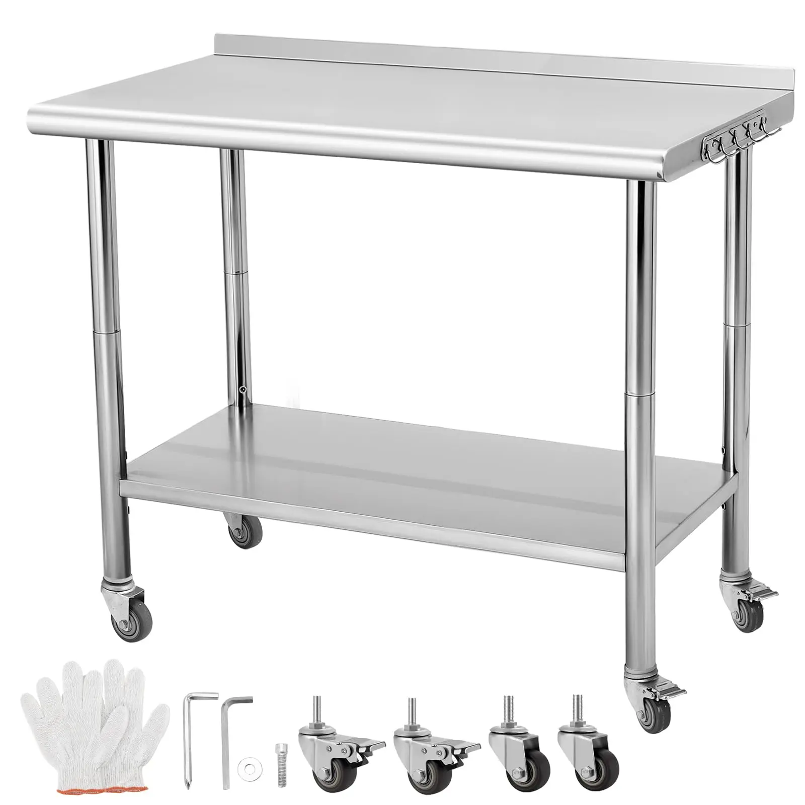 GARVEE 48"x24" Heavy Duty Stainless Steel Workbench with Wheels & Hooks, Adjustable Height Shelves, Perfect for Kitchen & Garage Prep