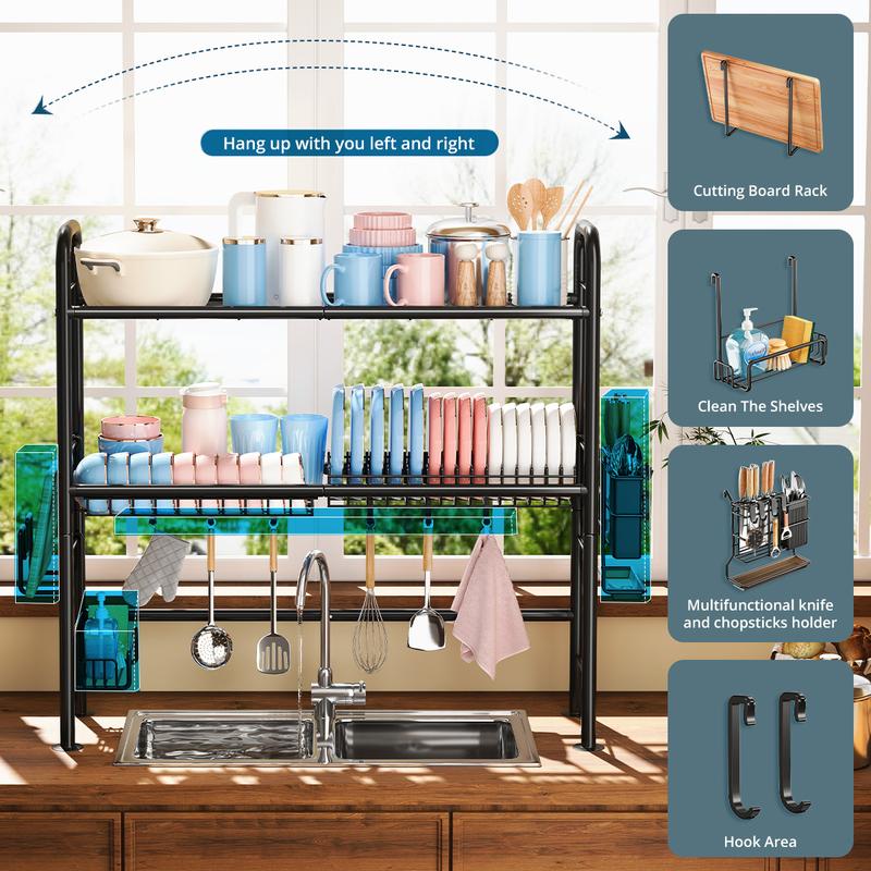【Holiday Deals】MiAoLi Over Sink Rack Kitchen Over The Sink Dish Drying Rack Organizer Large Space Saving Dish Drainer Countertop Dishes Rack On Counter Caddy Utensil Metal Organizer 1&2 Tiers 1Tier