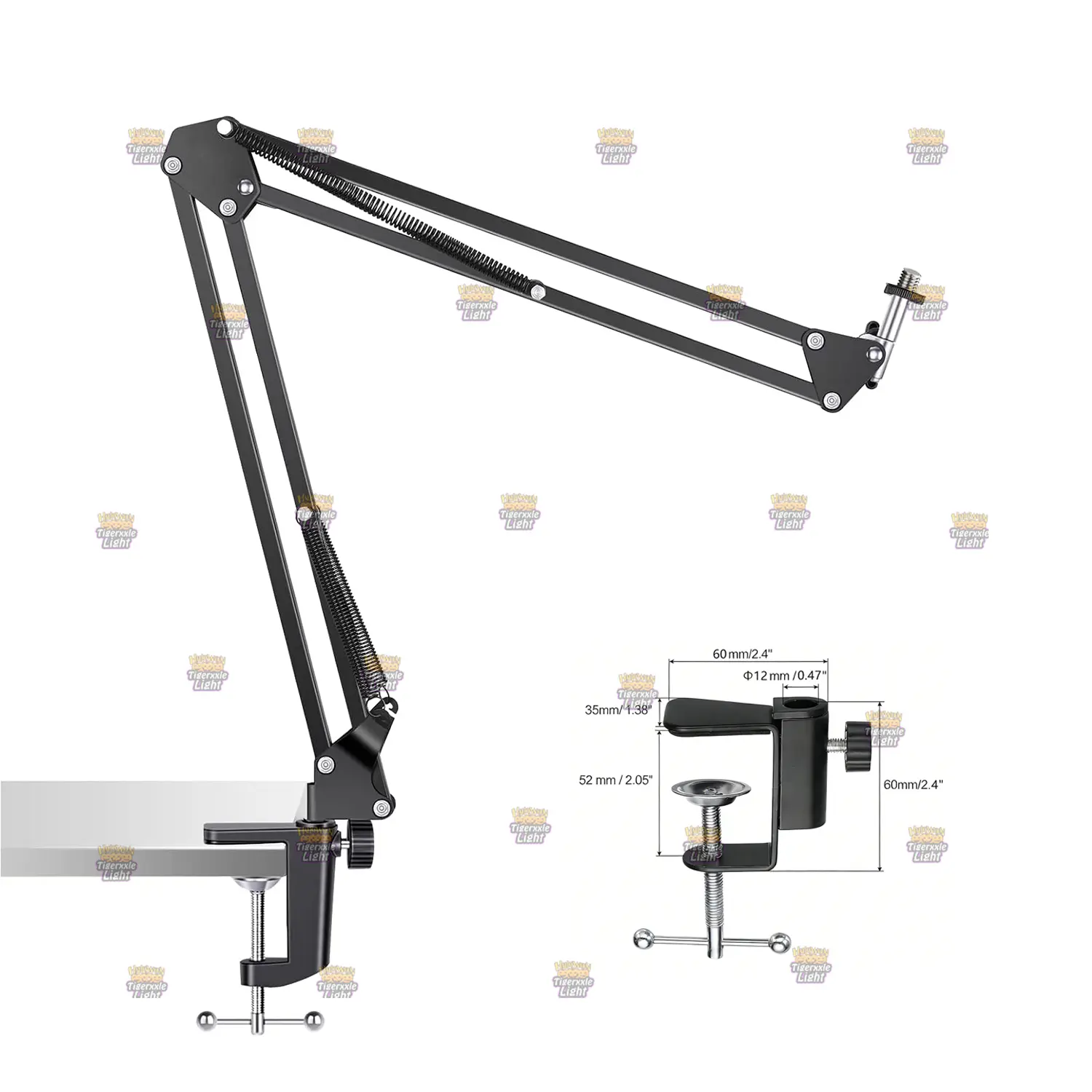 Mic stand, features a two section boom arm, a desk mounting clamp, boom arm stand provides 180° up and down rotation adjustment. suitable for gaming, streaming, podcasting or more scenes, and also friendly to recording beginner.