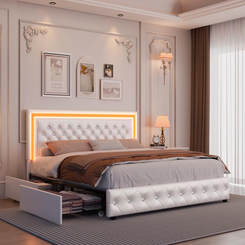 GEGOFORU Queen LED Storage Platform Bed with 4 Drawers, Adjustable Upholstered Headboard, Smart RGB Lights, Noise-Free, No Box Spring Needed, Easy Assembly, Grayring Needed, Easy Assembly, Gray