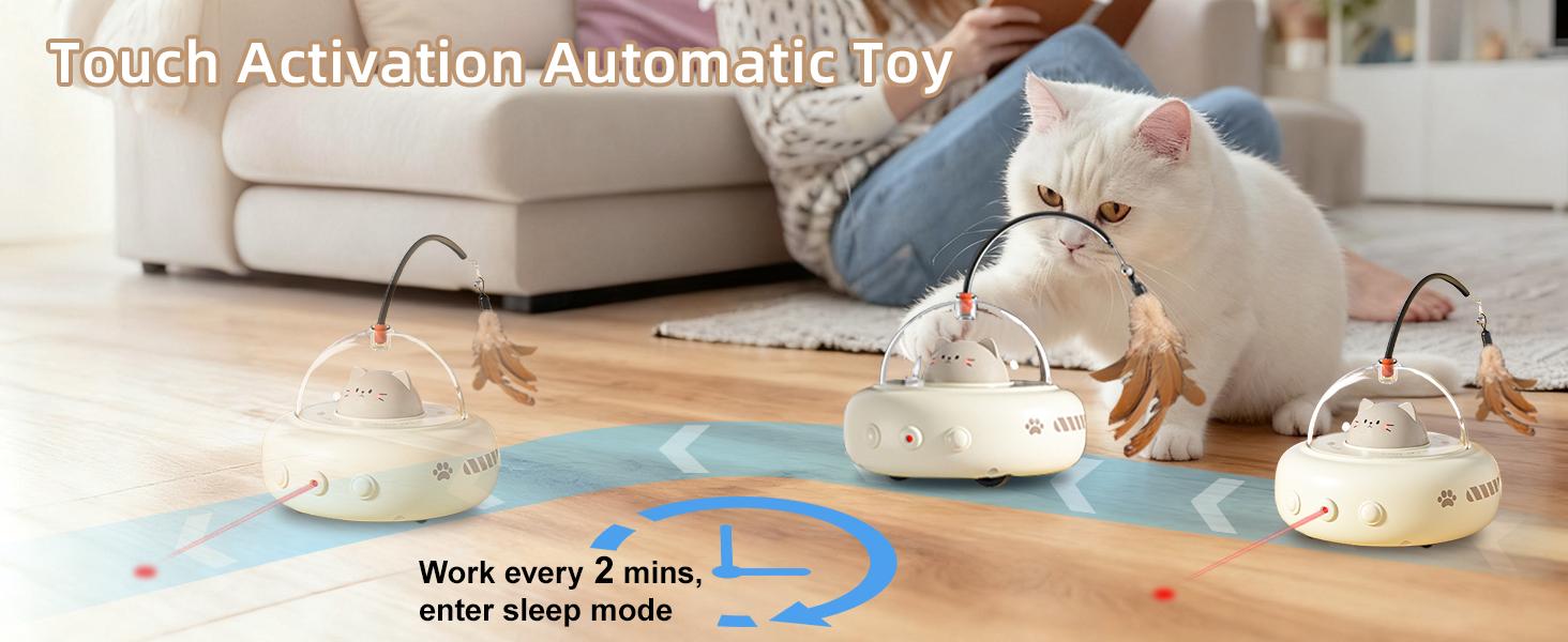 Automatic obstacle avoidance cat laser toy, 2-in-1 interactive cat toy, laser and feather cat teaser, USB rechargeable laser cat toy, perfect gift for bored indoor adult cats/kittens, detachable mint ball.