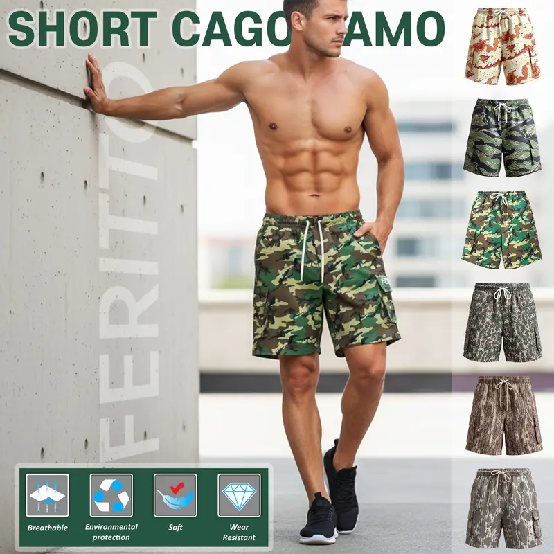 Men’s Camo Cargo Shorts - 1-Pack or 3-Pack Sports & Outdoor Casual, Lightweight Quick-Dry, Elastic Waist Drawstring, Above-the-Knee Length, Comfortable Fit, Cargo Pockets, Summer Military Streetwear, T-Shirt Pairing Compatible, Street-Ready Look, Pack3 Ca