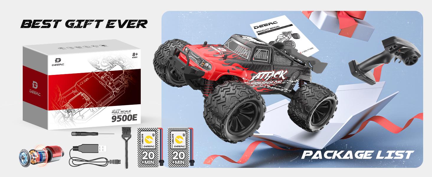 DEERC 9500E 1:16 Scale 4WD All Terrain RC Truck, 40 KPH Performance Remote Control Car, 2.4GHz Stable Control, Dual Rechargeable Batteries, Durable Off Road Hobby RC Vehicle for Beginners & Gift Use DEERC 9500E 1:16 Scale 4WD All Terrain RC Truck, 40 KPH Performance Remote Control Car, 2.4GHz Stable Control, Dual Rechargeable Batteries, Durable Off Road Hobby RC Vehicle for Beginners & Gift Use