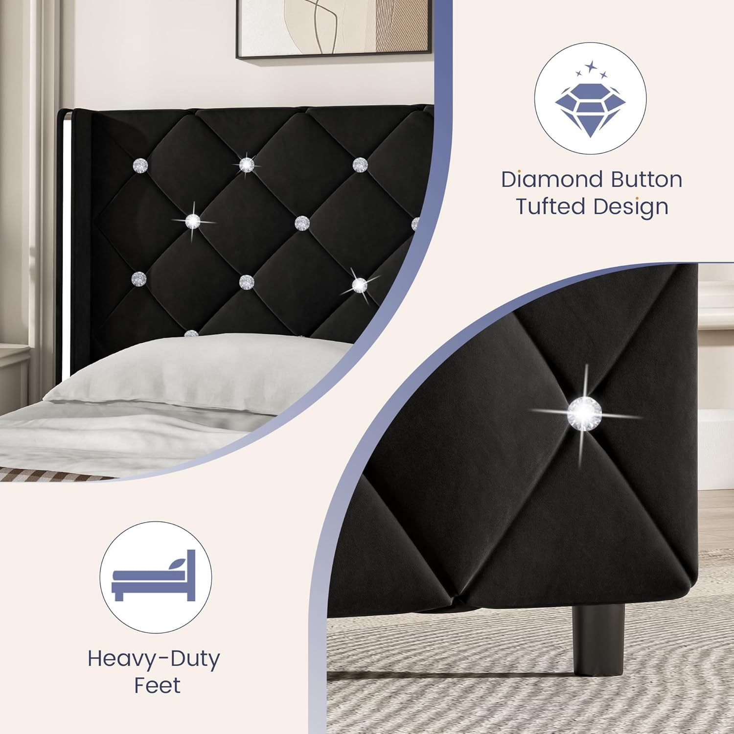 HOMBCK Bed Frame, No Mattress, Upholstered Platform Bed Frame with Wingback Diamond Tufted Headboard HOMBCK Bed Frame, No Mattress, Upholstered Platform Bed Frame with Wingback Diamond Tufted Headboard