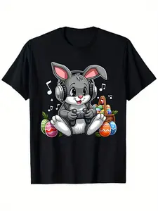 Easter Bunny Headphones T-Shirt - Cute Bunny Music Egg Pattern Black Short Sleeve Crew Neck Shirt, Unisex Casual Holiday Party Outfit, Suitable for All Seasons Holiday Gift