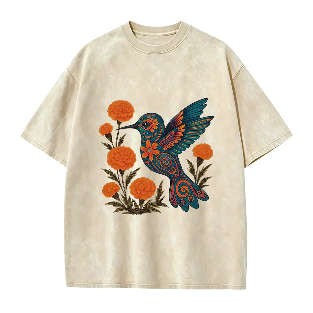 Alebrije Hummingbird Shirt Día de los Muertos, Mexican Folk Art Tee with Marigolds, Colorful Cultural Graphic Day of the Dead Top