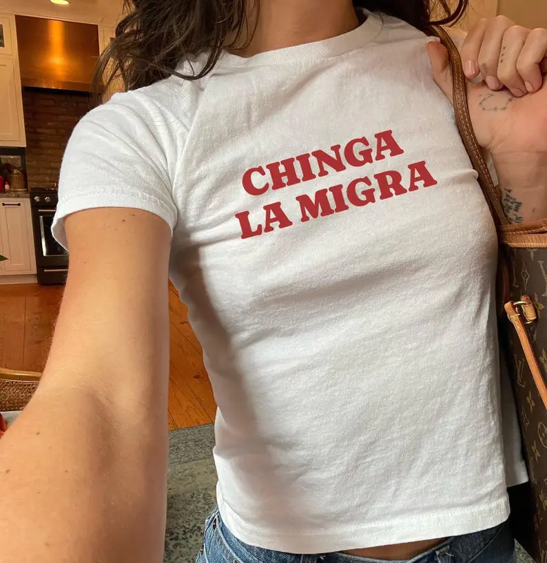 Chinga La Migra y2k Baby tee, Women'a Protest Crop top, No Human Is Illegal, Latino Tee, Social Justice Shirt, Immigrant Human Rights Tee