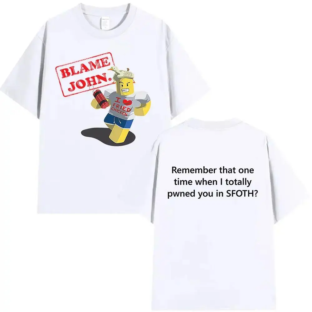 Unisex 100% Premium Cotton Funny "Blame John" Shedletsky Meme Graphic Tee - Vintage Aesthetic Oversized Short-Sleeve Round Neck Sports Top, Breathable Fabric, All Seasons, for Casual Streetwear Gym Use, Stylish Tshirt, Classic, Menswear, Oversized Cut, Re