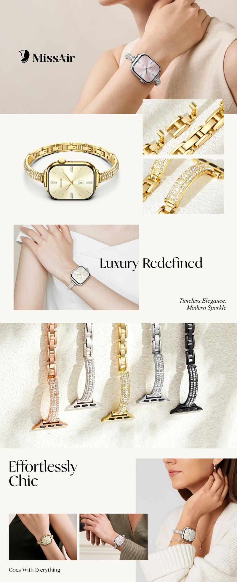 Missair Diamond Bracelet Band With Case Compatible with Apple Watch Series 1-11, SE & Ultra，Women's Slim Stainless Steel Metal Strap Wearable Accessories