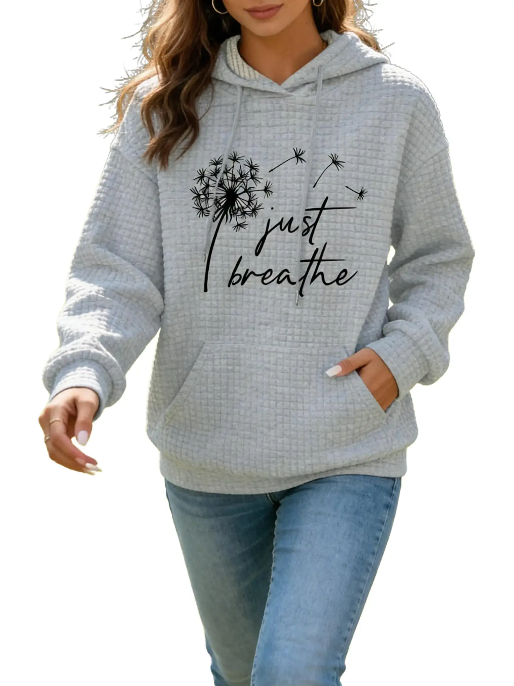 Women's Hoodies Sweatshirts Dandelion Print Waffle Drawstring Hoodies,Casual Long Sleeve Waffle Sweatshirt With Pocket,Women Fashion Loose Fit Knit Pullover Hoodie
