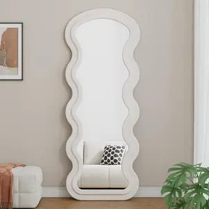 Floor Mirror, Wavy Full Length Mirror with Flannel Fabric, Large Standing Mirrors, 63"x24" Full Body Large Wall Mirrors, Freestanding, Wall Mounted, Flannel Frame (Light White)