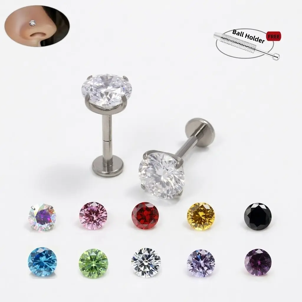 10pcs 18G 1.0mm 8mm with Free Ball Holder Straight Bar Nose Ring Internally Threaded Gems nose jewelry 10pcs color 18G 8mm
