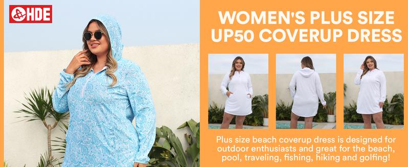 HDE Women's Plus Size Long Sleeve Swim Coverup Dress with Hood Beach Outdoor Wear UPF 50 Protection Breathable Quick Dry Fabric