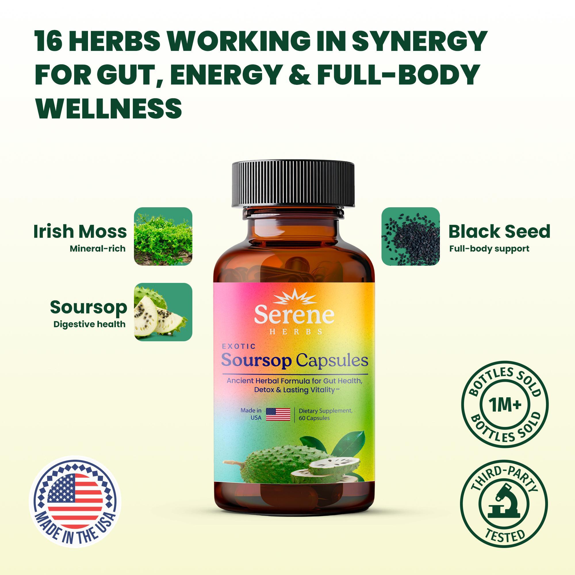 Soursop Capsules with Black Seed, Irish Moss & Moringa – 16 Herb Daily Detox & Digestive Support Vegan, Non-GMO, Plant-Based Formula – 60 Capsules