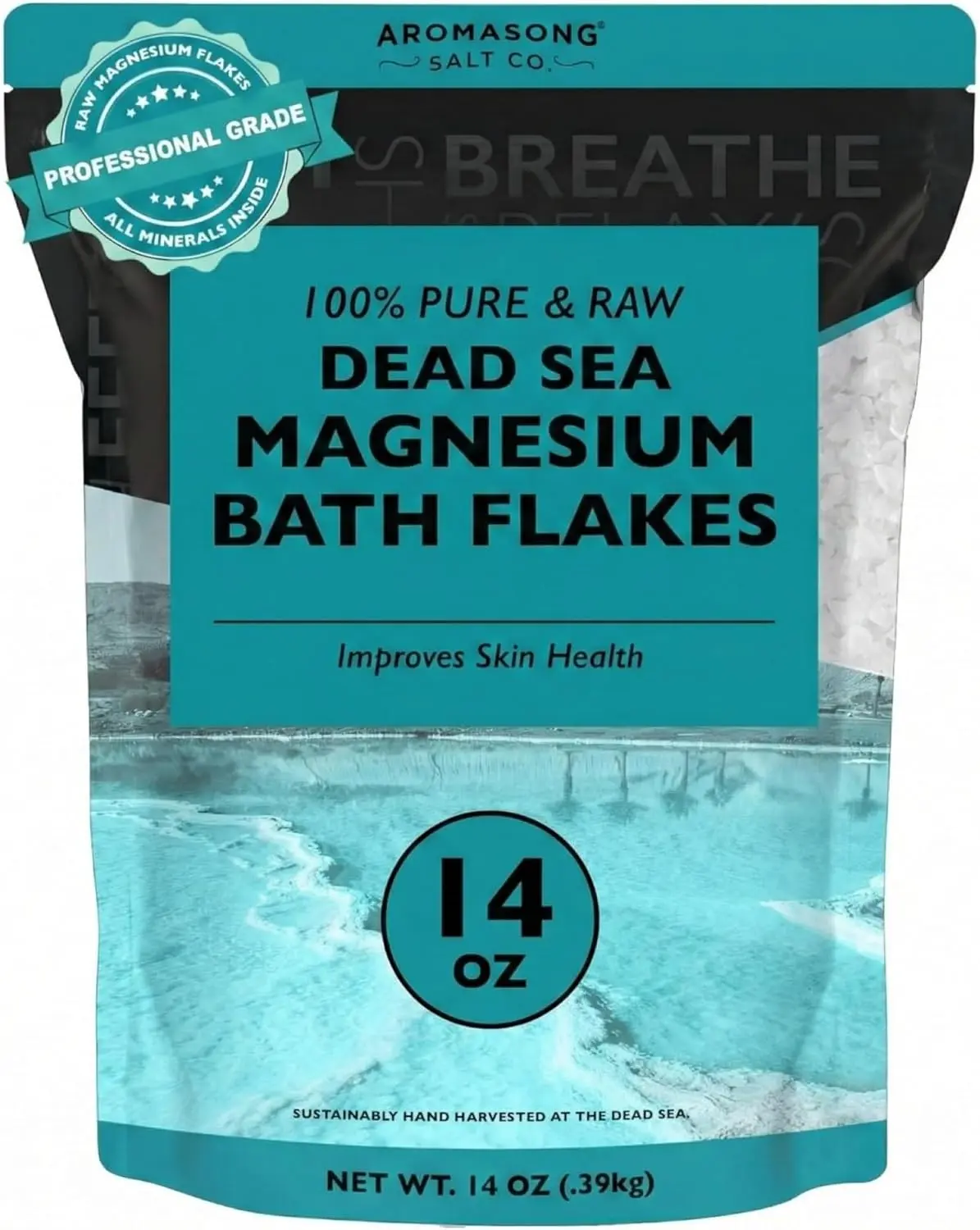 AROMASONG Raw Magnesium Flakes Dead Sea Mineral Bath Cleanser, 14 oz Daily Soak for Muscle Relief & Skin Repair, Minerals, Body Care, Cleansing, Raw Flakes, Natural, Moisturizing
