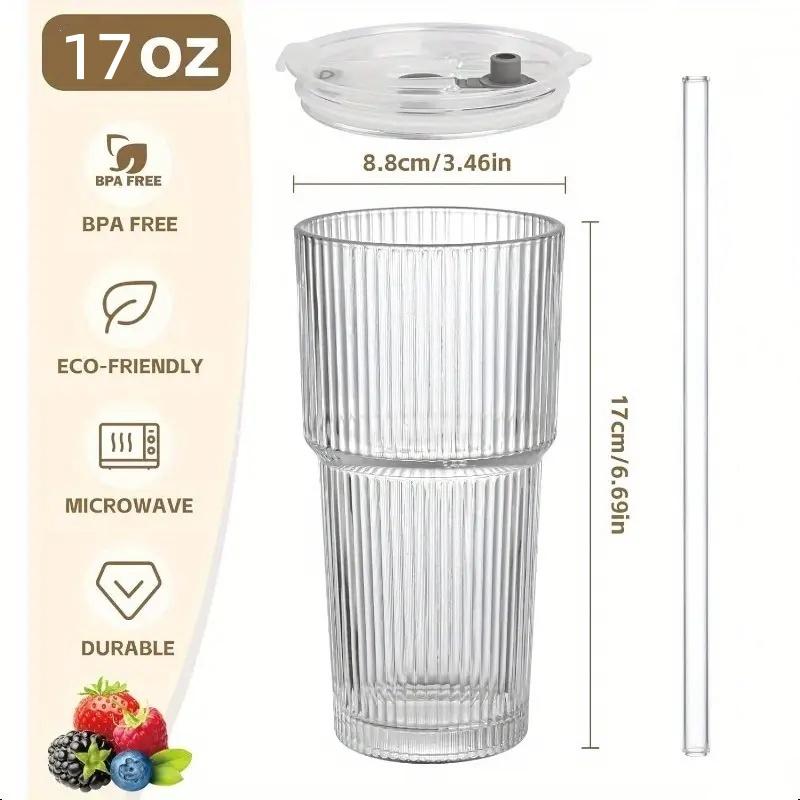 Set of 2 Glass Tumblers with Lids & Straws, Premium Thick Glass Cups, Reusable Glass Cups for Iced Coffee, Smoothies, Juice & Cocktails