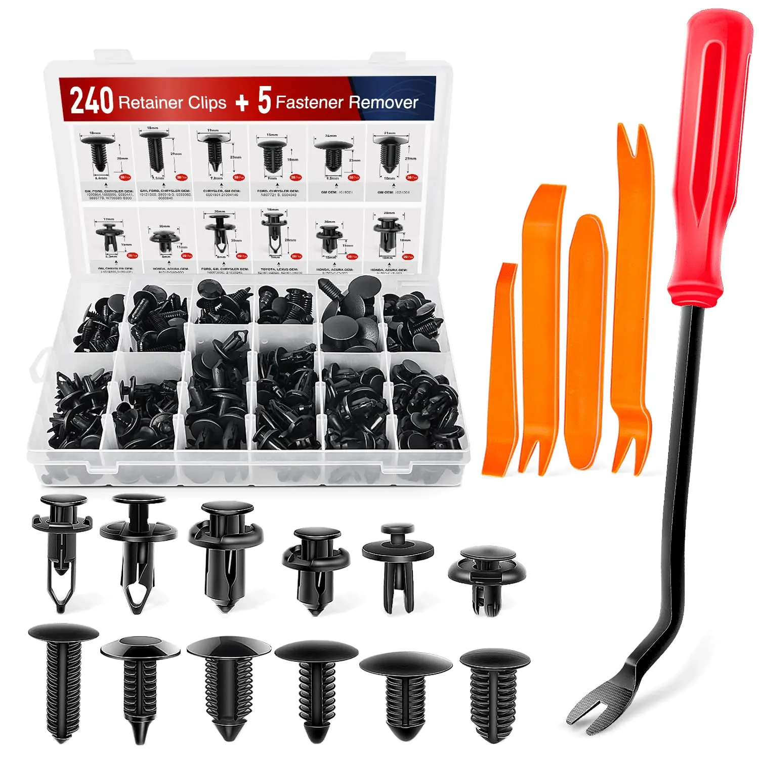 Nilight 240PCS Multi-Size Universal Fit Car Bumper Retainer Clips Kit - Heavy-Duty Plastic Rivets Fasteners, 12 Push Pin Rivet, 5 Hole Sizes, OEM Parts, Clip On, Remover Tool Included, Car Accessory for Vehicle Door Panels Replacement