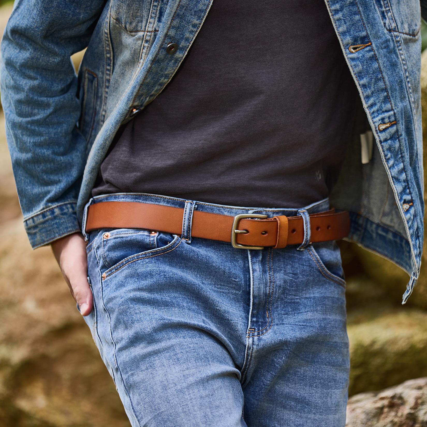 VATAN Mens Leather Jeans Belt Handmade Hardness Cow Leather Fashion Classic Designs for Daily Wear Work Business Dress & Casual in Gift Box Fashionable Metal Buckle