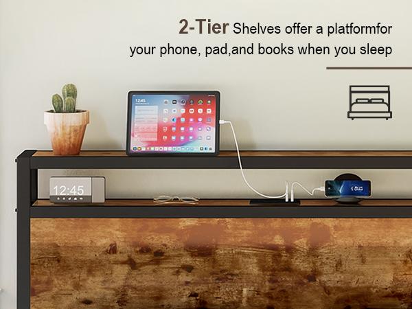 AMERLIFE Rustic Full /Queen/King Size Bed Frame,  Industrial Metal Bed Frame with 2-Tier Storage Headboard and Charging Station, No Box Spring Needed/No Mattress/Small Unique House Furniture Room