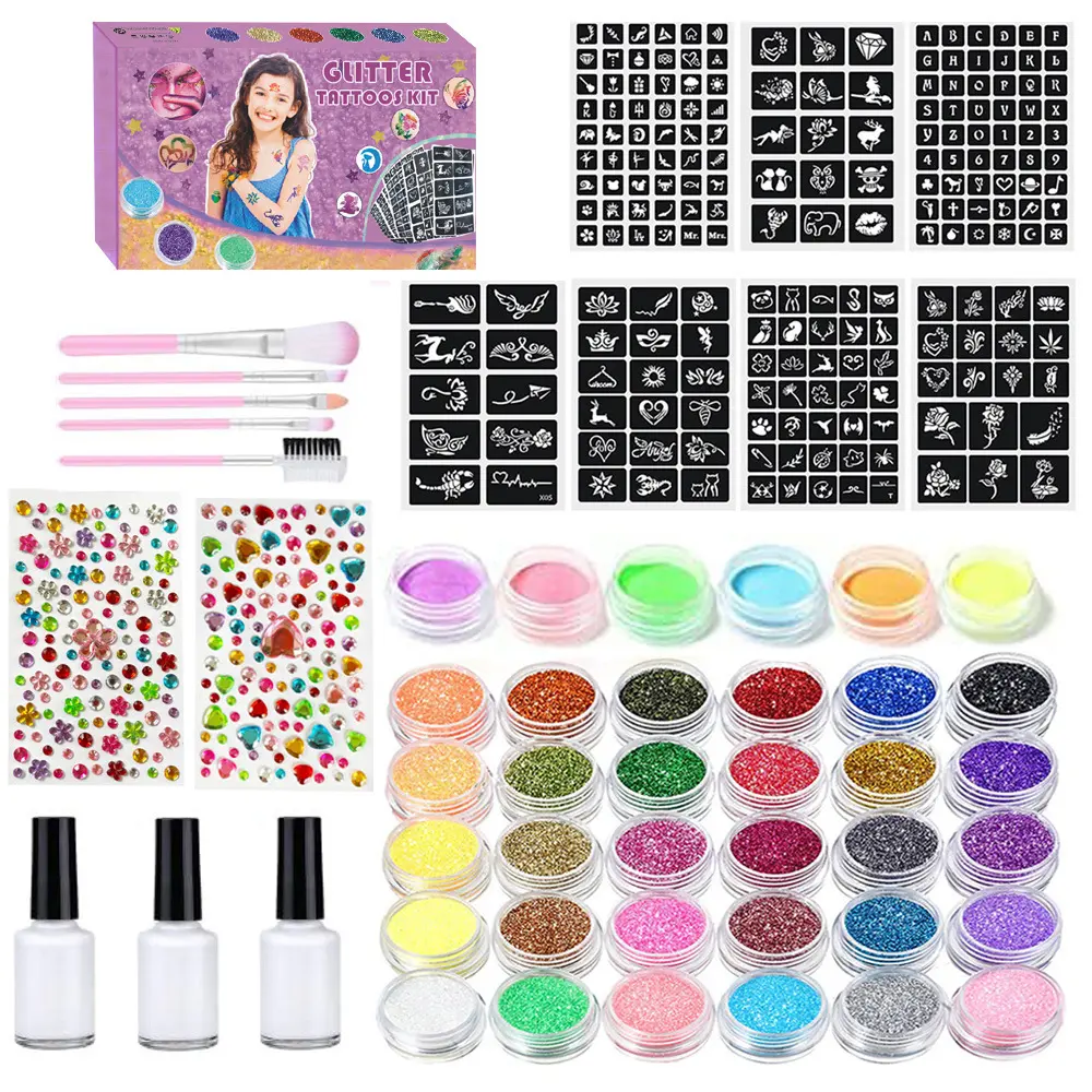 Glitter Temporary Tattoo Kit, High Quality Glitter, 24 Color Glitter Tattoo Pigment with 2 Glue & 3 Template Paper, Body Art Makeup Kit, Body Super Sparkly Shimmer for Stage Performance, Party, Cosmetic, Glitter Beauty
